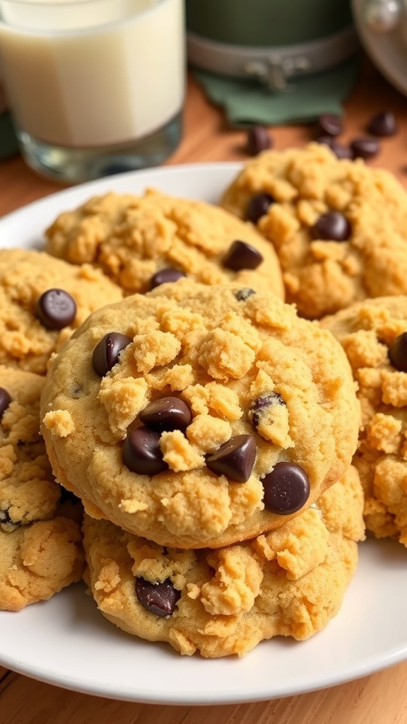 A plate of golden brown crumble cookies with chocolate chips, served with a glass of milk.